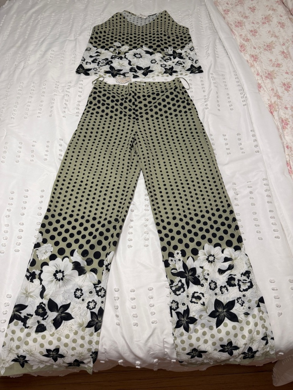 Olive Green Polka Dot Wide-Leg Pants - Floral Hem - 2 pieces